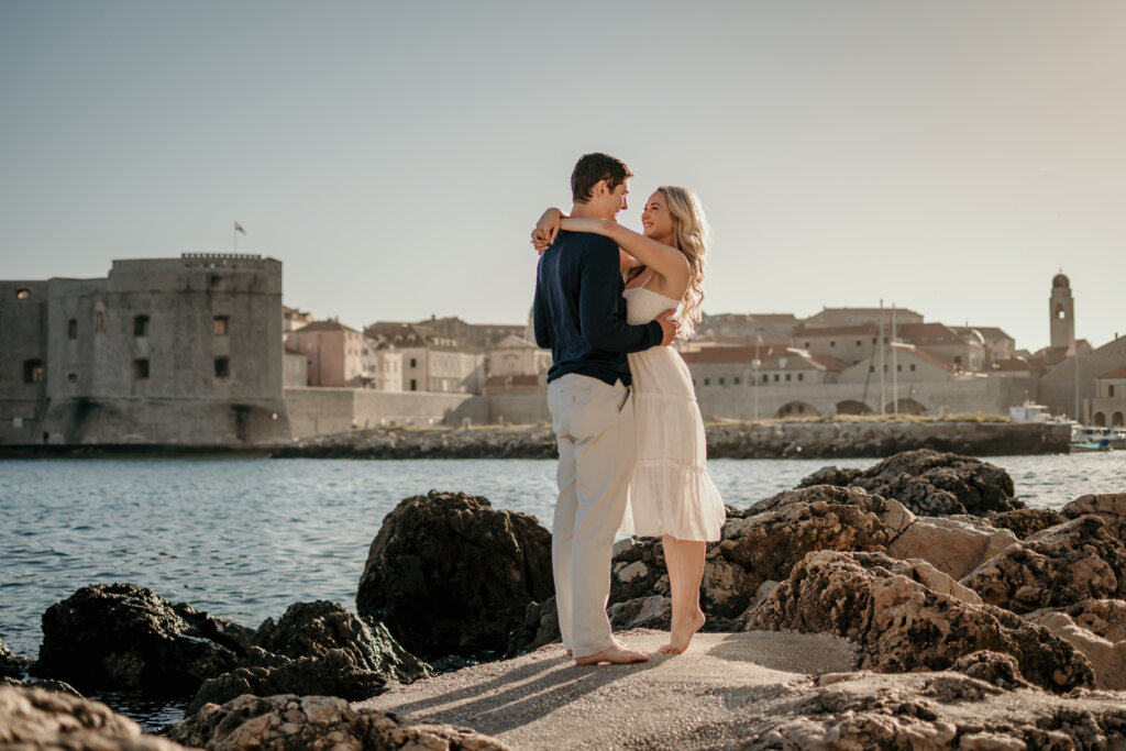 Couple elopement in Dubrovnik Old Town walls at sunset