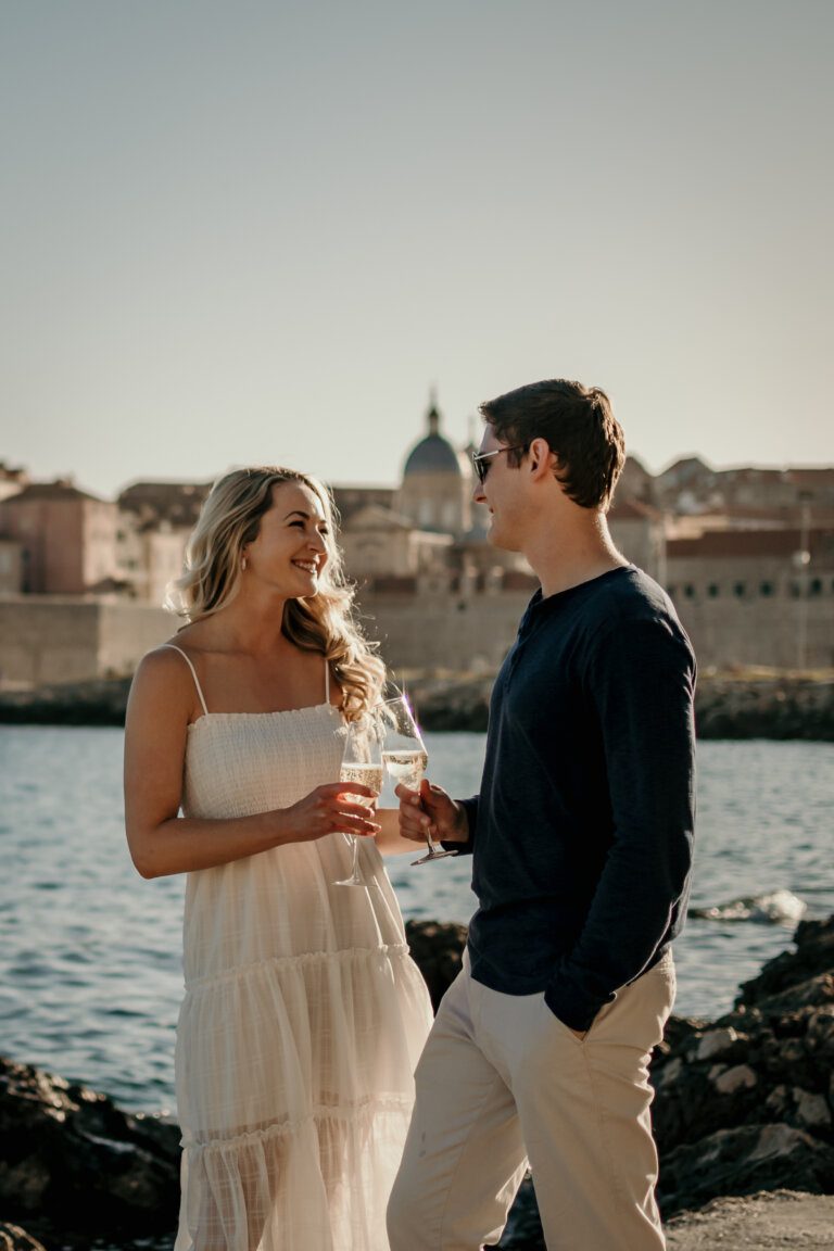 Couple elopement in Dubrovnik Old Town walls at sunset